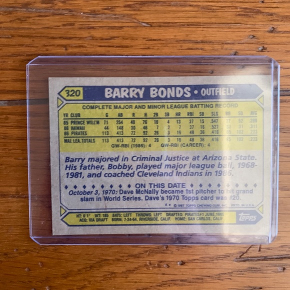 Barry bonds rookie card topps #320 - Picture 2 of 2